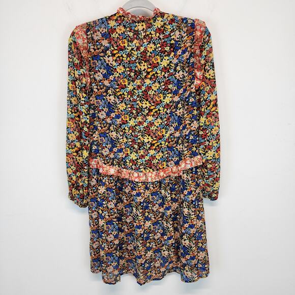 Code x Mode Floral Dress Size S Colorful Sheer Chiffon Ruffle V-Neck Peasant - Picture 2 of 11
